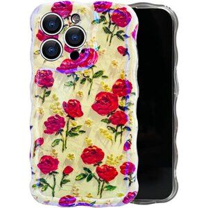 Iphone 13 14 Retro Oil Painting Rose Laser Glossy Finish with Curly Wave Edge